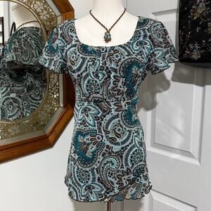 NWT Y2K Olivia Paige Turquoise & Dark Brown Paisley Boho Mesh Milkmaid Top S